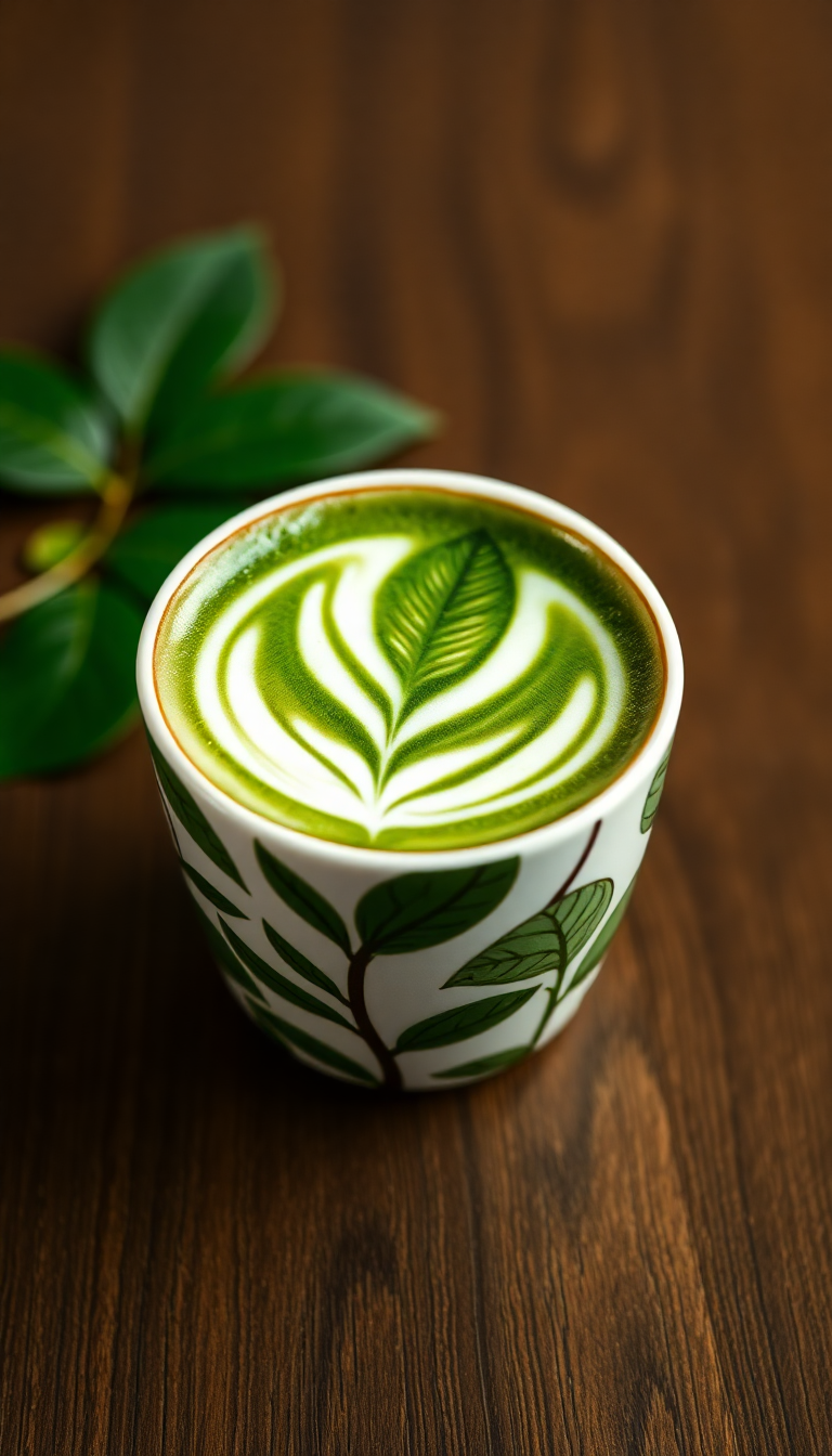 Matcha Latte Art Leaf Pattern Photorealistic Wallpaper