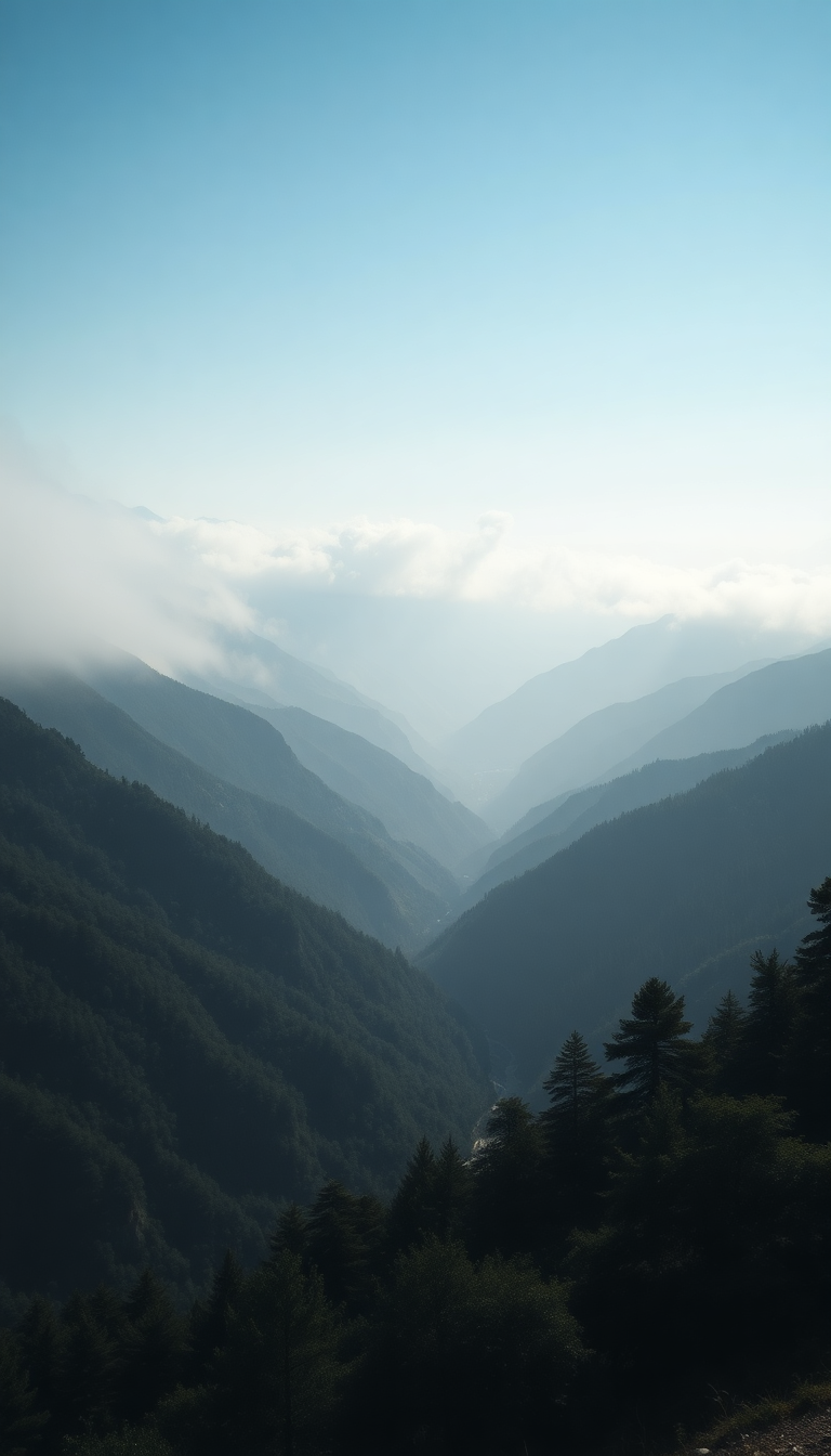 Fog Rolling Over Mountains Valley Photorealistic Wallpaper