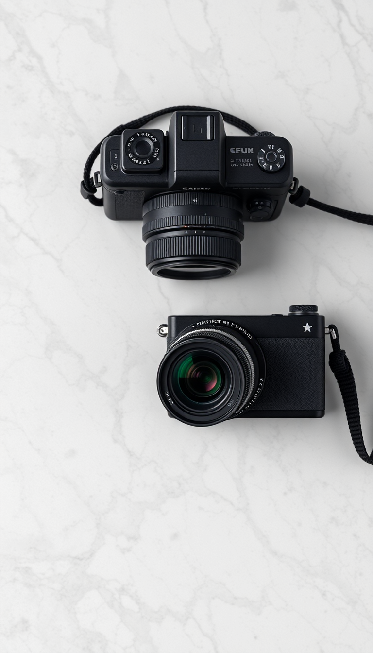 Film Camera On Marble Flatlay Photorealistic Wallpaper