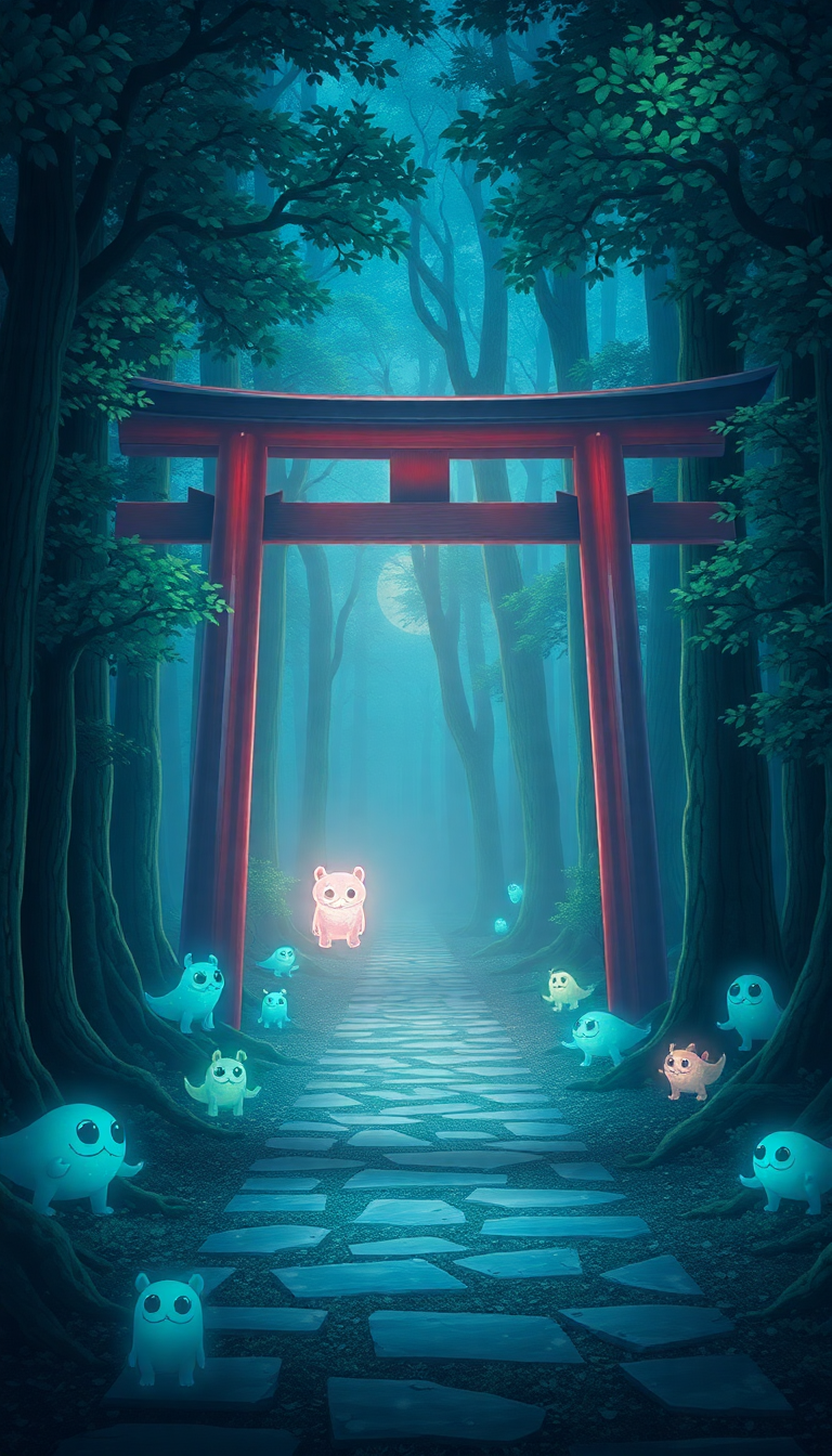 Spirit Forest Glowing Creatures Torii Anime Wallpaper