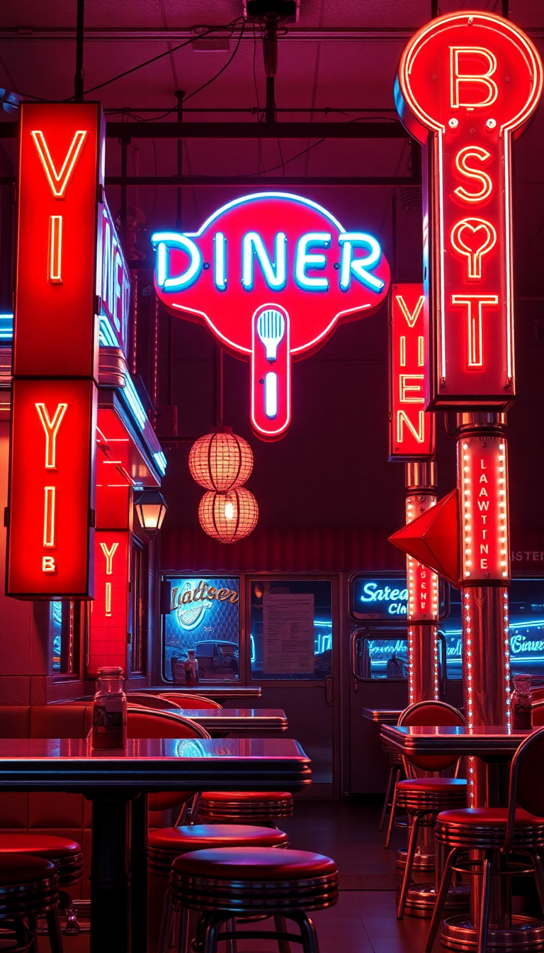Retro Diner Neon Signs Chrome Photorealistic Wallpaper