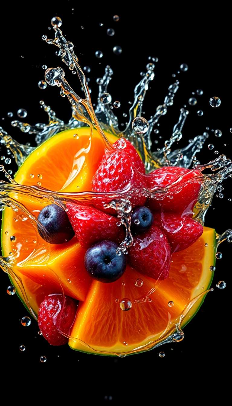 Tropical Fruit Splash Water Droplets Photorealistic Wallpaper