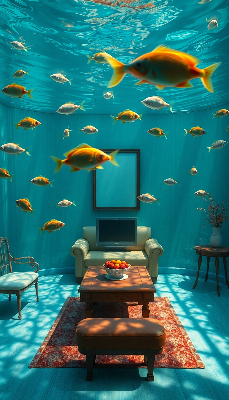 Room Underwater Furniture Floating Fish Digital art Wallpaper