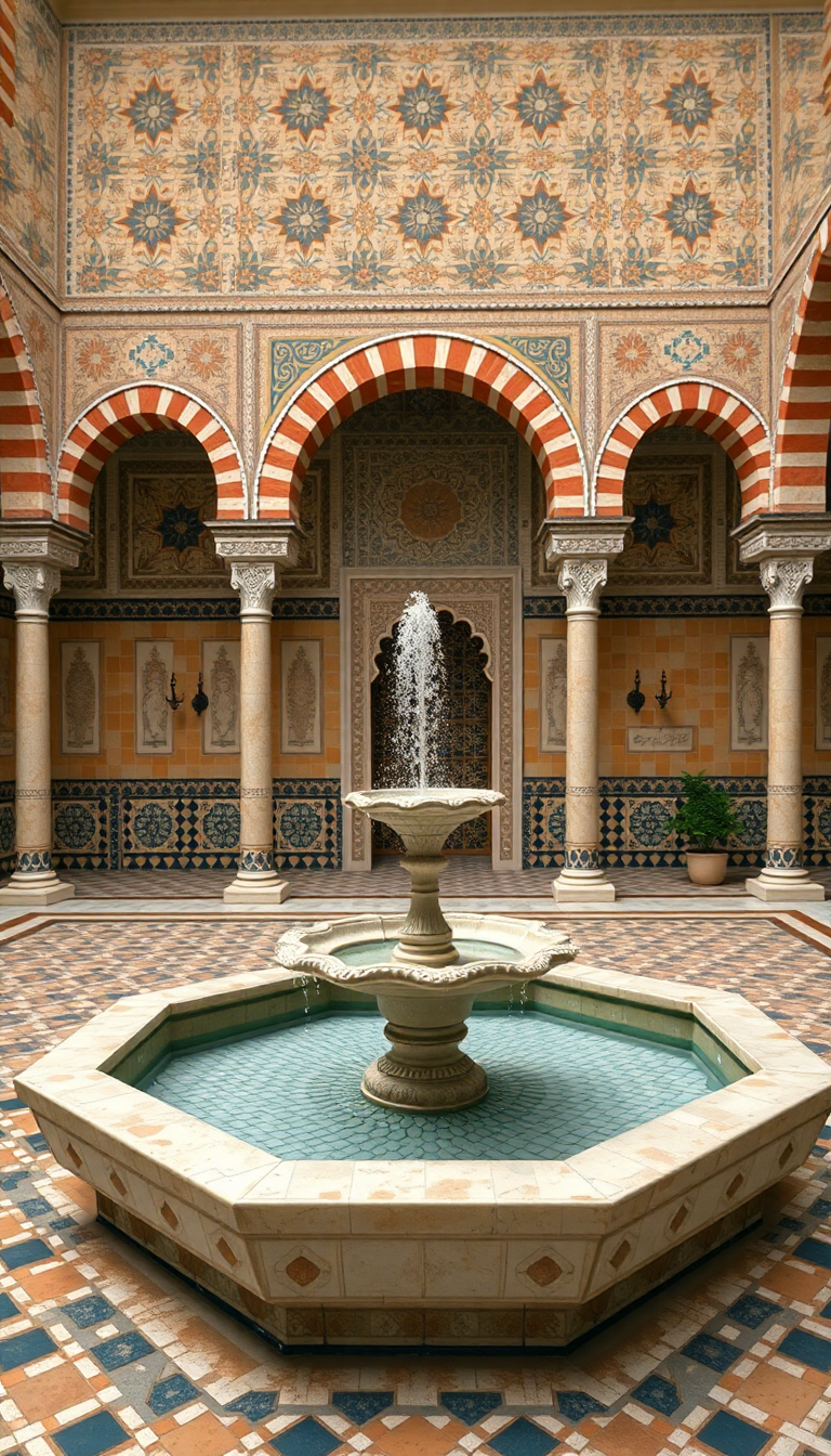 Moroccan Courtyard Tiles Fountain Mosaic Photorealistic Wallpaper