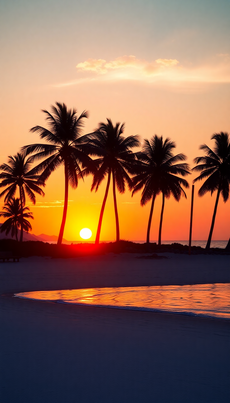 Summer Sunset Beach Silhouette Palm Photorealistic Wallpaper