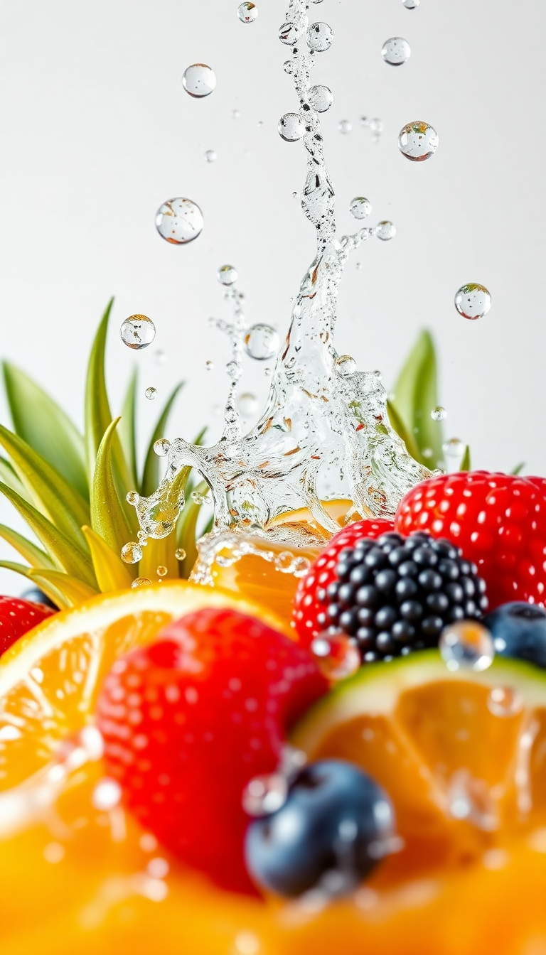 Tropical Fruit Splash Water Droplets Photorealistic Wallpaper