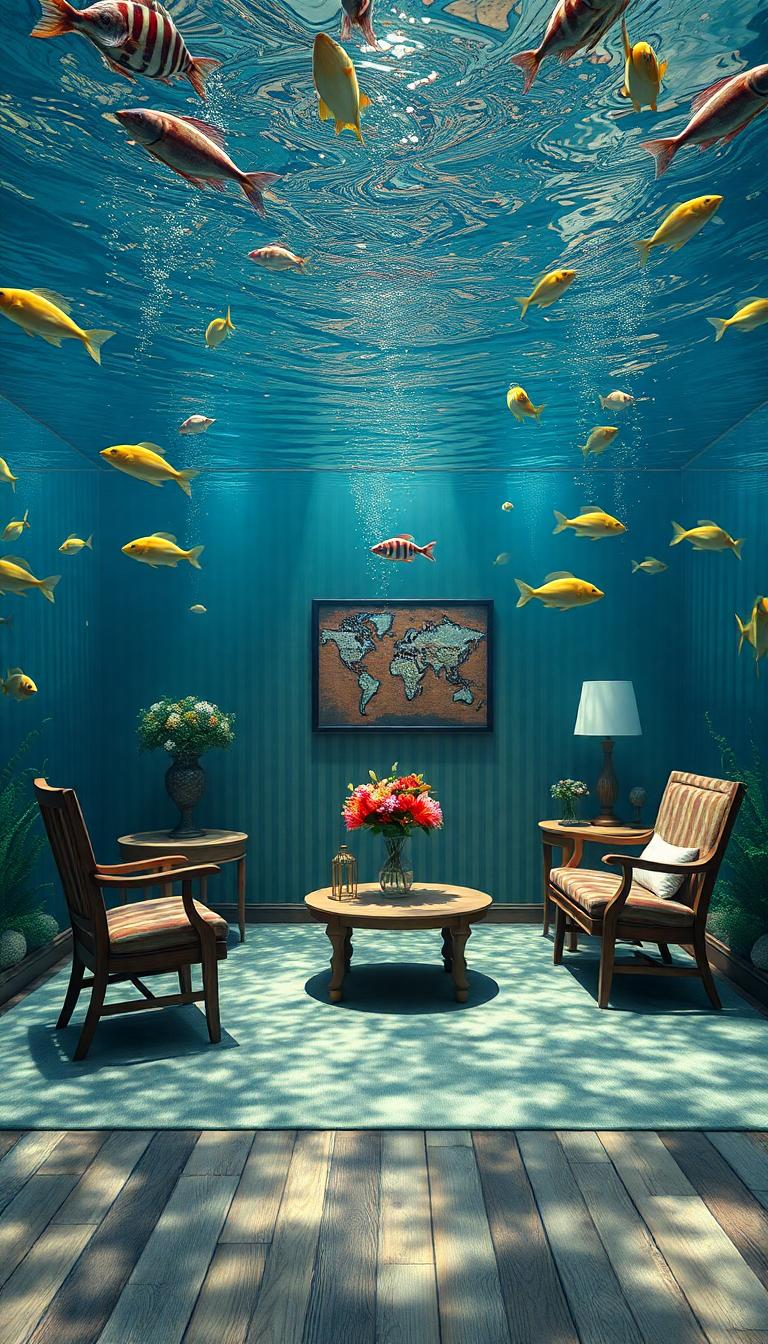 Room Underwater Furniture Floating Fish Digital art Wallpaper