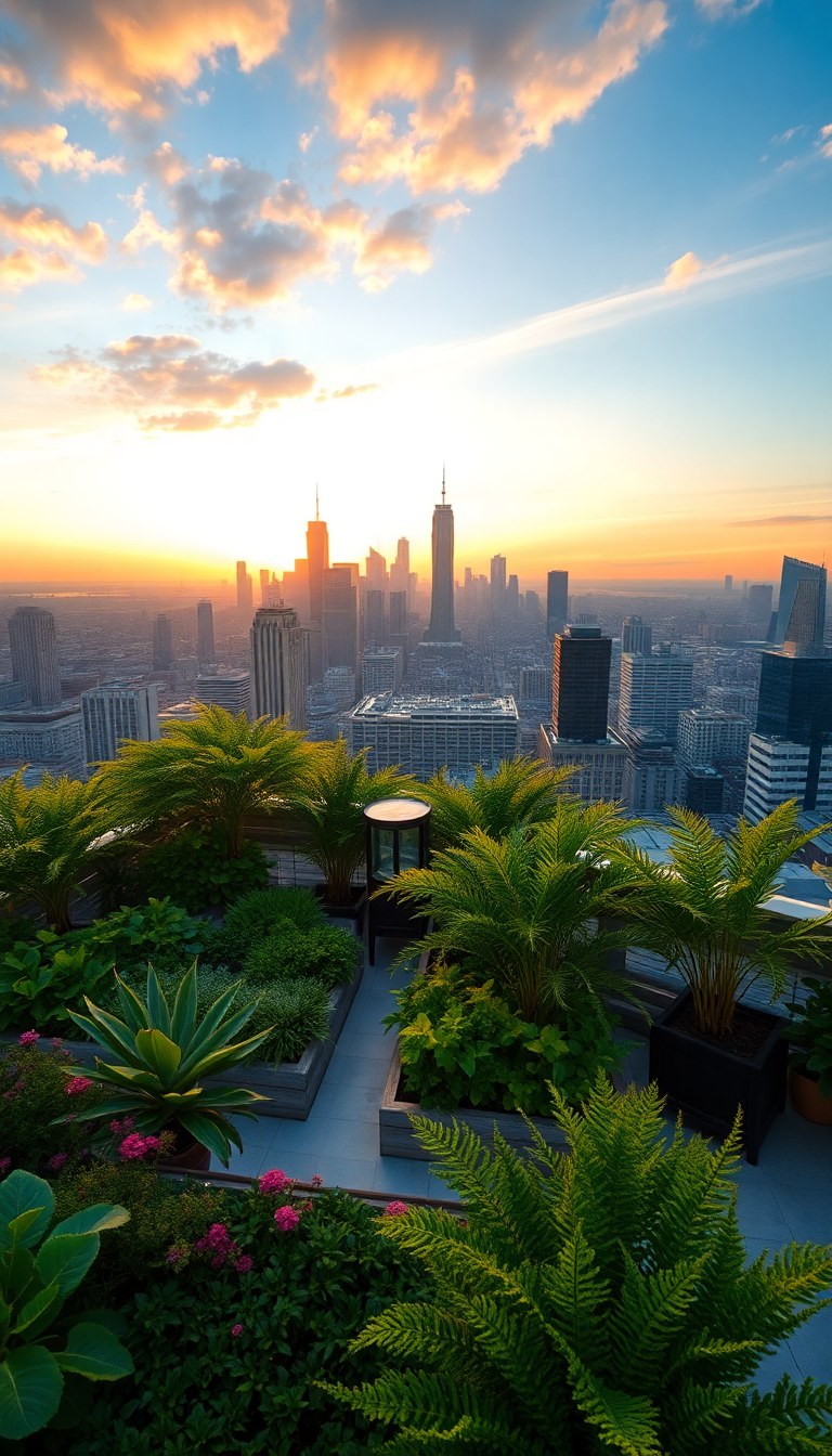 Rooftop Garden Oasis Above City Photorealistic Wallpaper