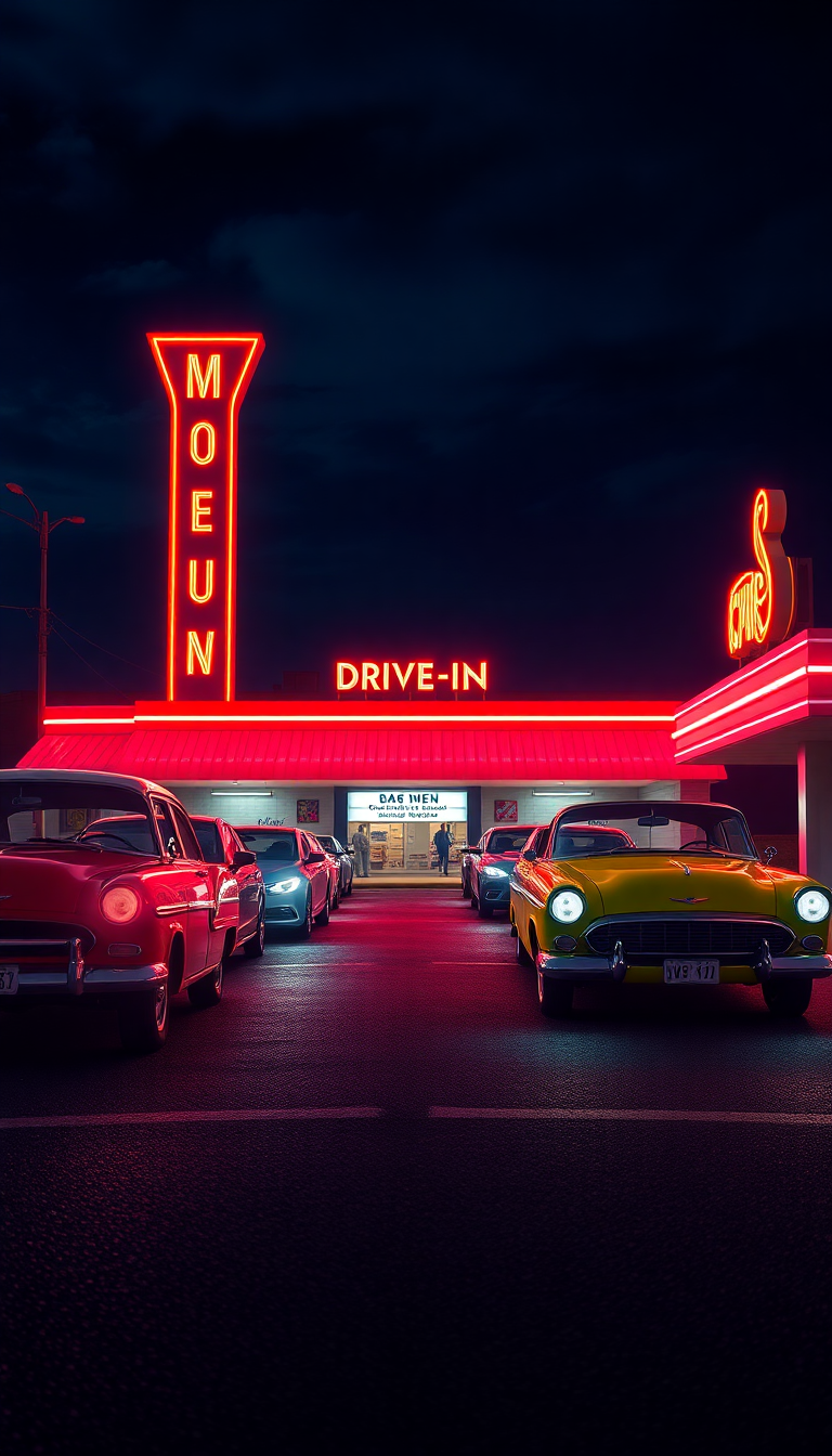 Drive-in Movie Theater Night Classic Photorealistic Wallpaper