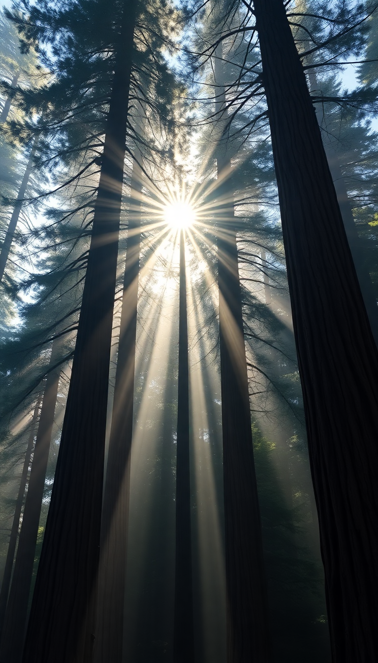 Giant Redwood Trees Morning Fog Photorealistic Wallpaper