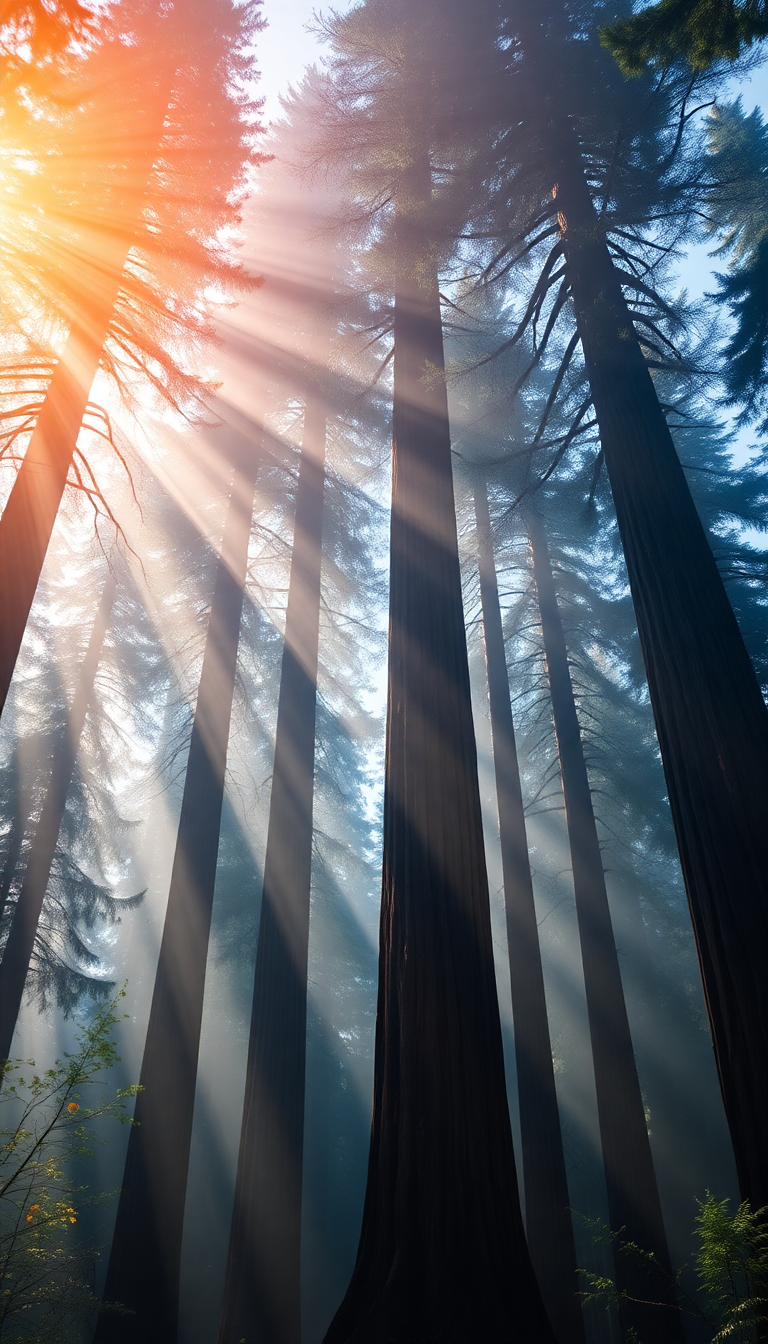Giant Redwood Trees Morning Fog Photorealistic Wallpaper