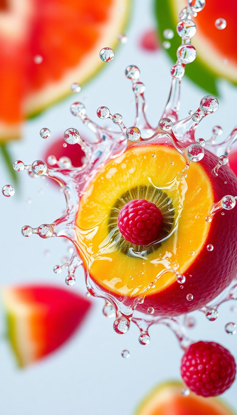Tropical Fruit Splash Water Droplets Photorealistic Wallpaper