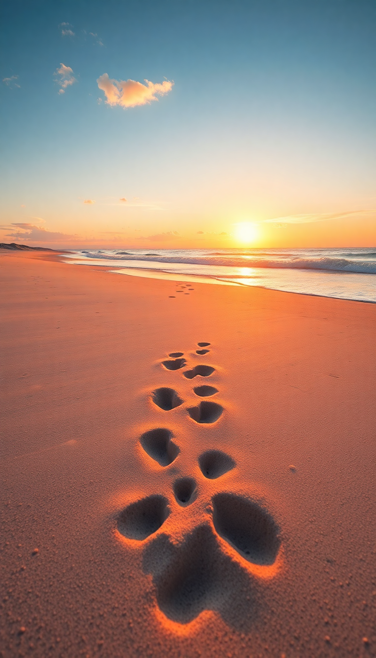 Summer Beach Golden Hour Footprints Photorealistic Wallpaper