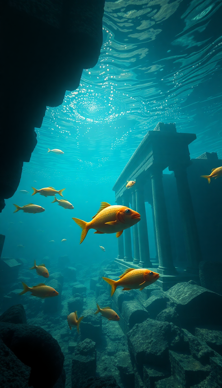 Sunken Ancient Temple Fish Swimming Digital art Wallpaper