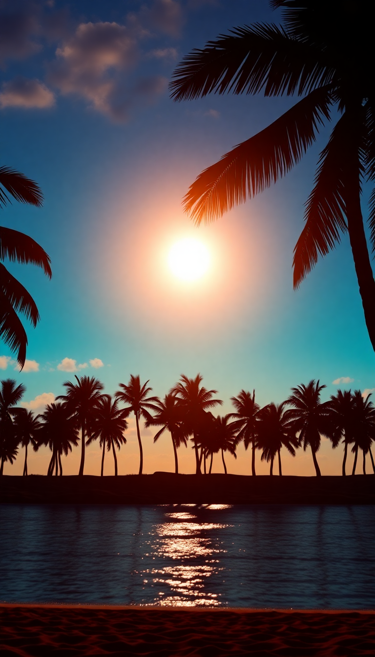 Summer Sunset Beach Silhouette Palm Photorealistic Wallpaper