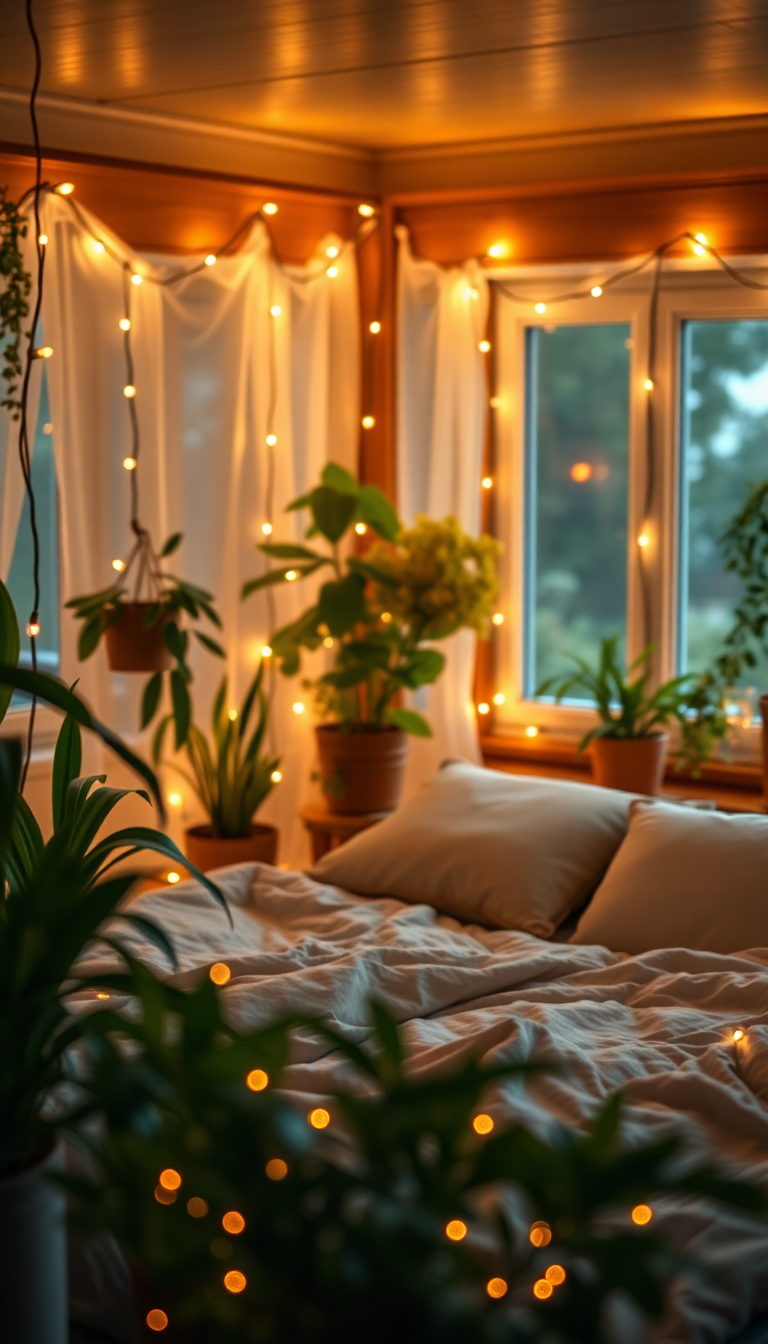 Indie Bedroom Fairy Lights Plants Photorealistic Wallpaper