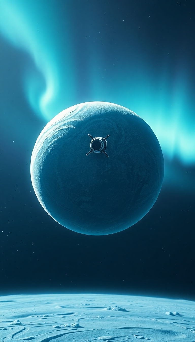 Lonely Satellite Orbiting Ice Planet Photorealistic Wallpaper