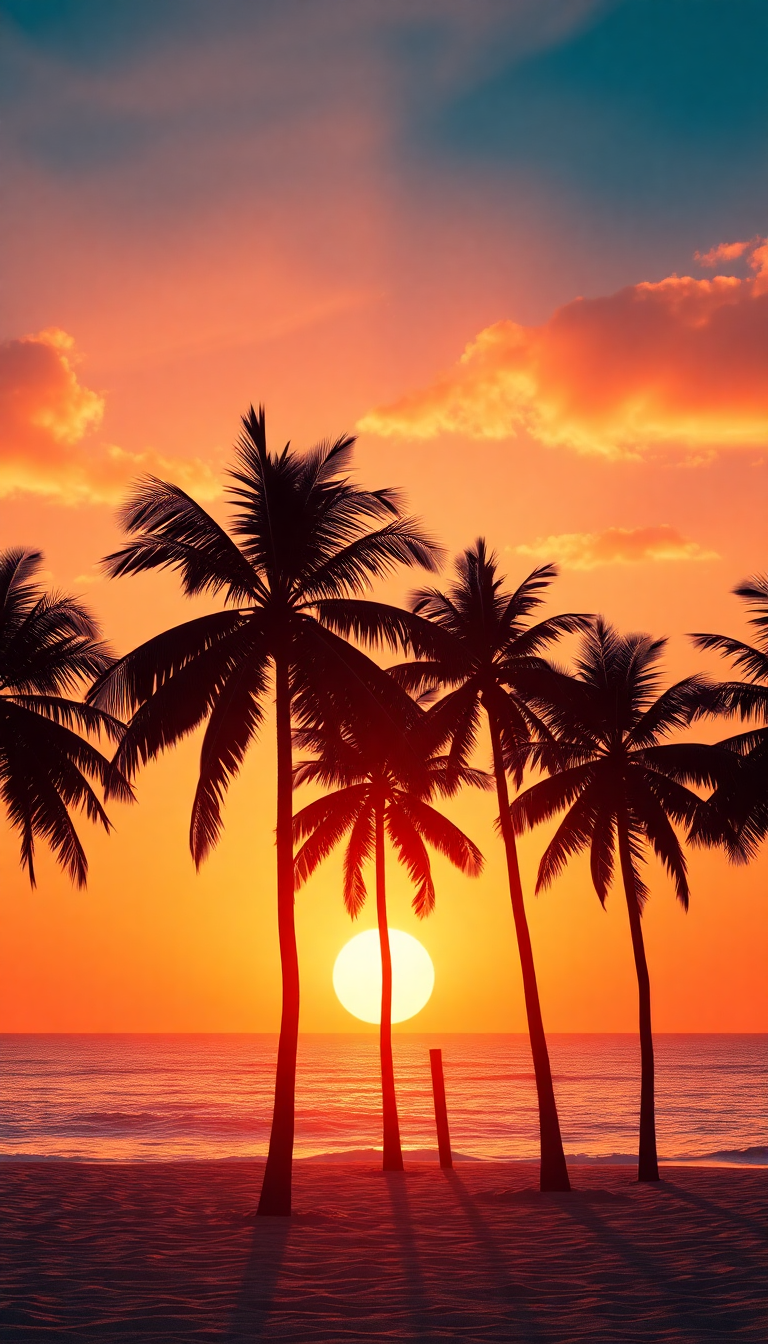 Summer Sunset Beach Silhouette Palm Photorealistic Wallpaper