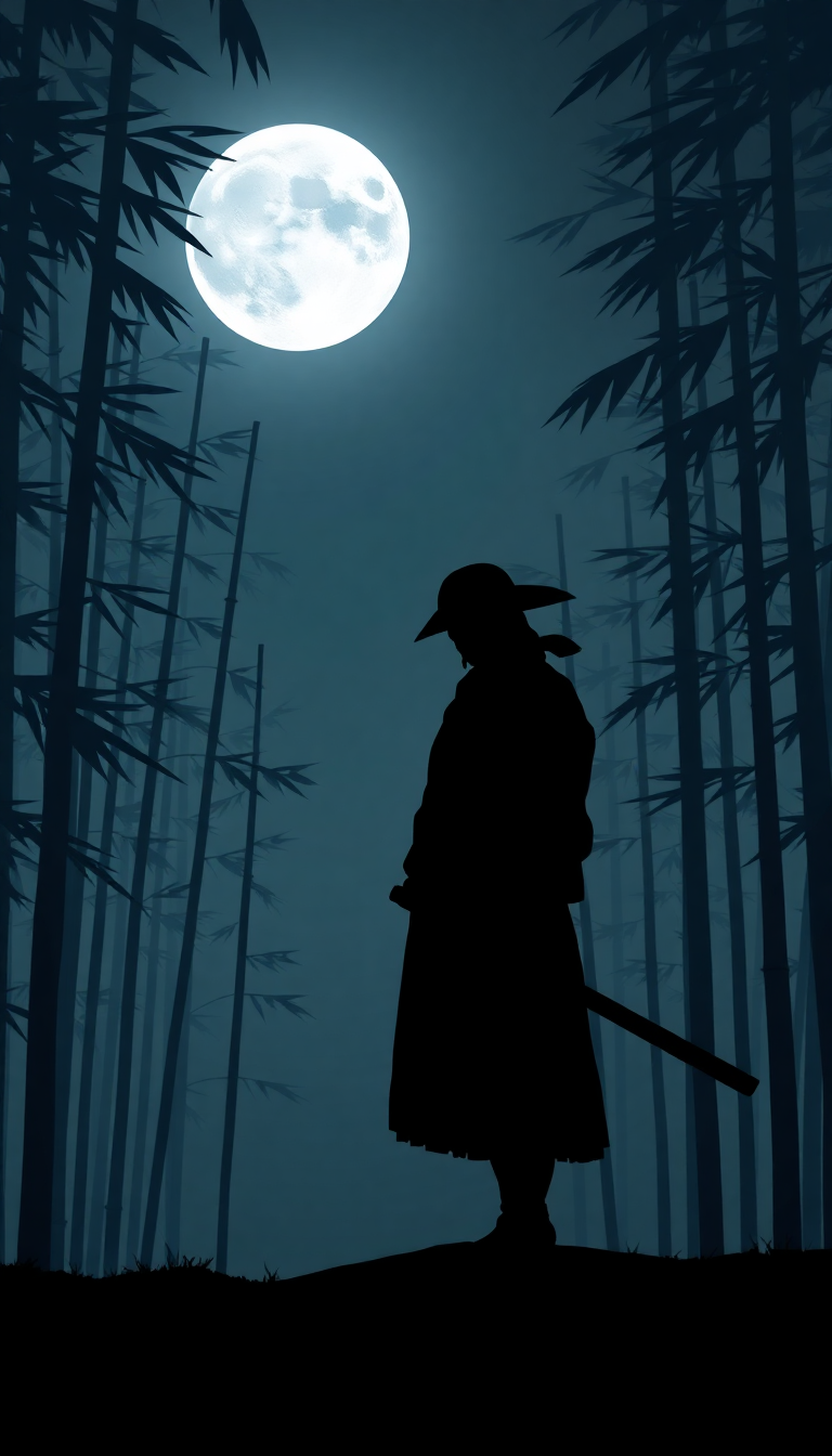 Samurai Silhouette Moonlit Bamboo Forest Digital art Wallpaper