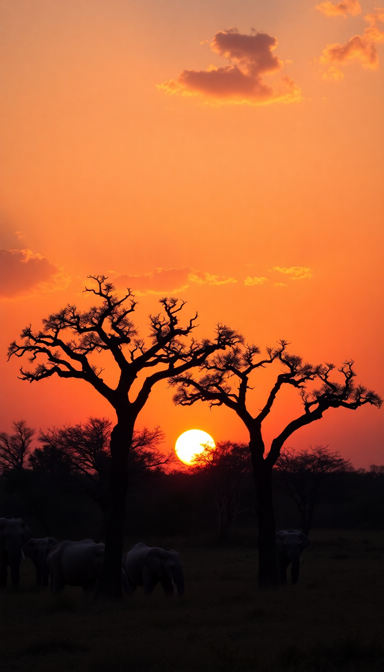 Baobab Trees Silhouette African Sunset Photorealistic Wallpaper