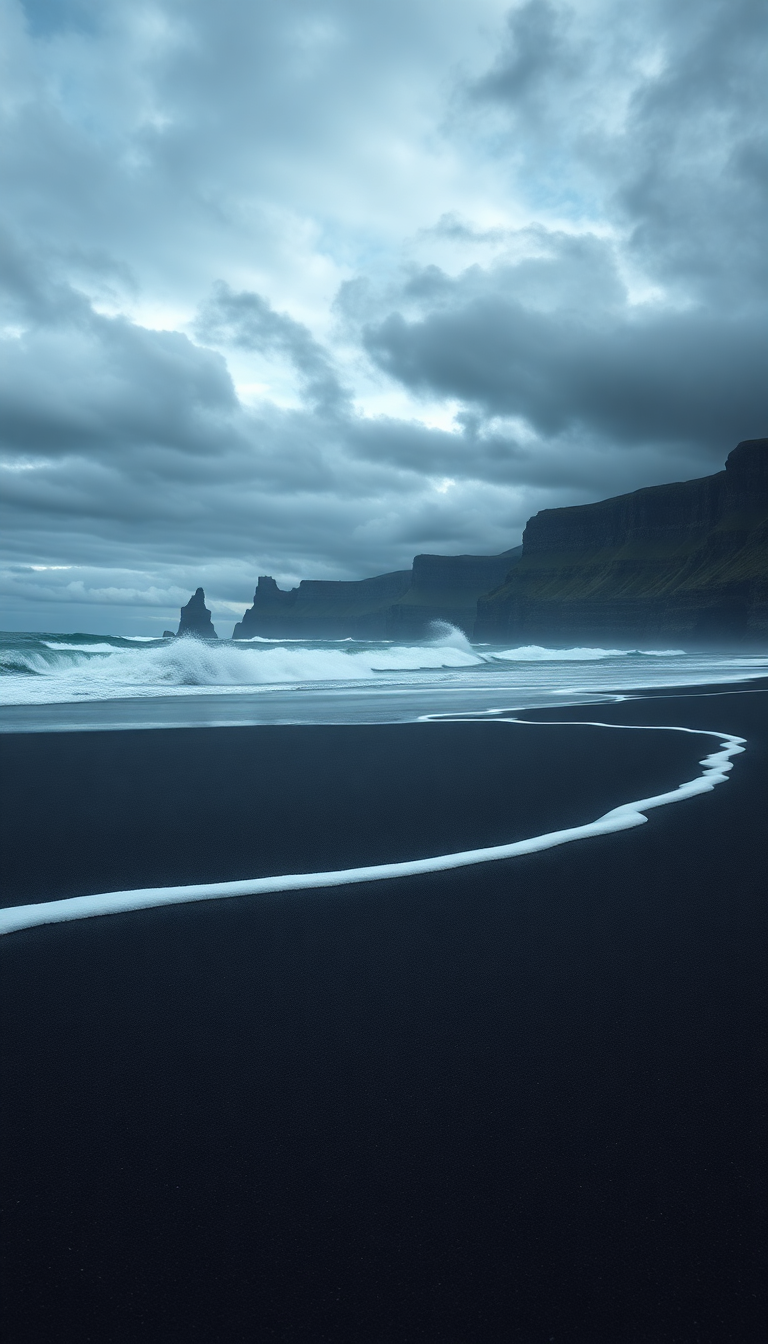 Icelandic Black Sand Beach Waves Photorealistic Wallpaper