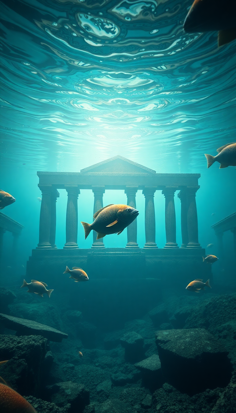 Sunken Ancient Temple Fish Swimming Digital art Wallpaper