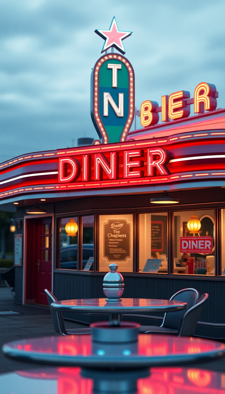 Retro Diner Neon Signs Chrome Photorealistic Wallpaper