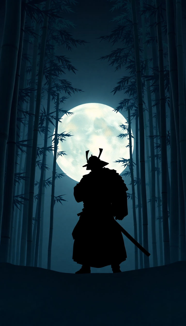 Samurai Silhouette Moonlit Bamboo Forest Digital art Wallpaper