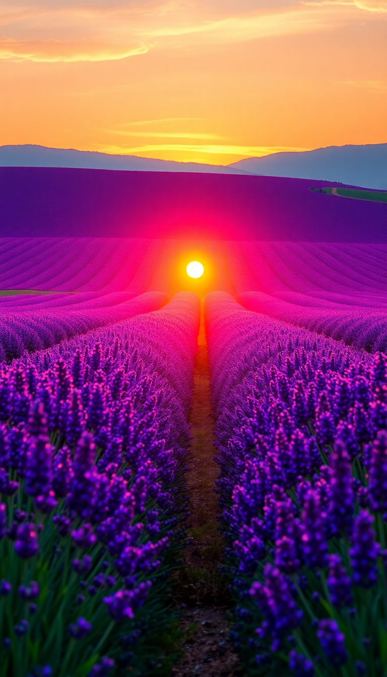 Lavender Fields Provence Sunset Golden Photorealistic Wallpaper