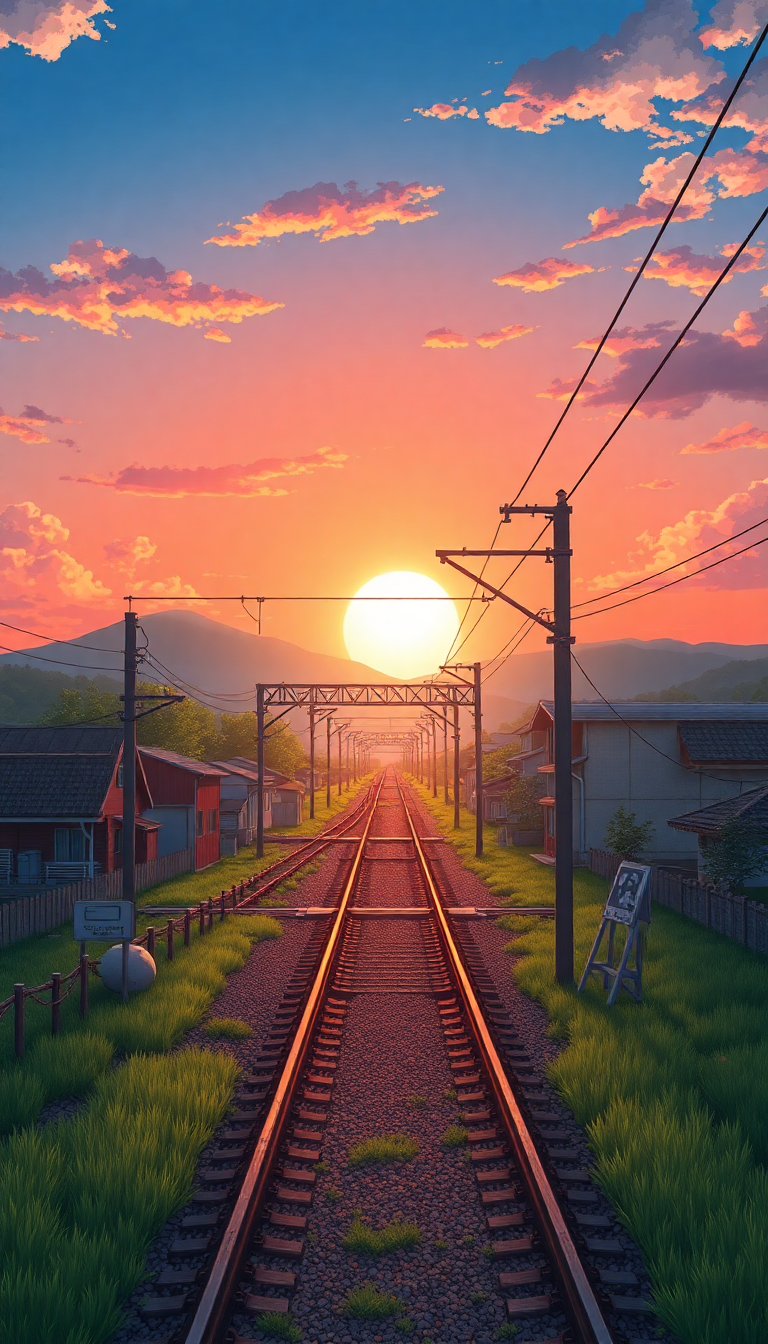 Train Crossing Rural Japan Sunset Anime Wallpaper
