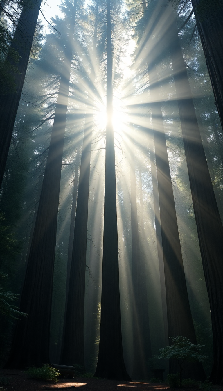 Giant Redwood Trees Morning Fog Photorealistic Wallpaper