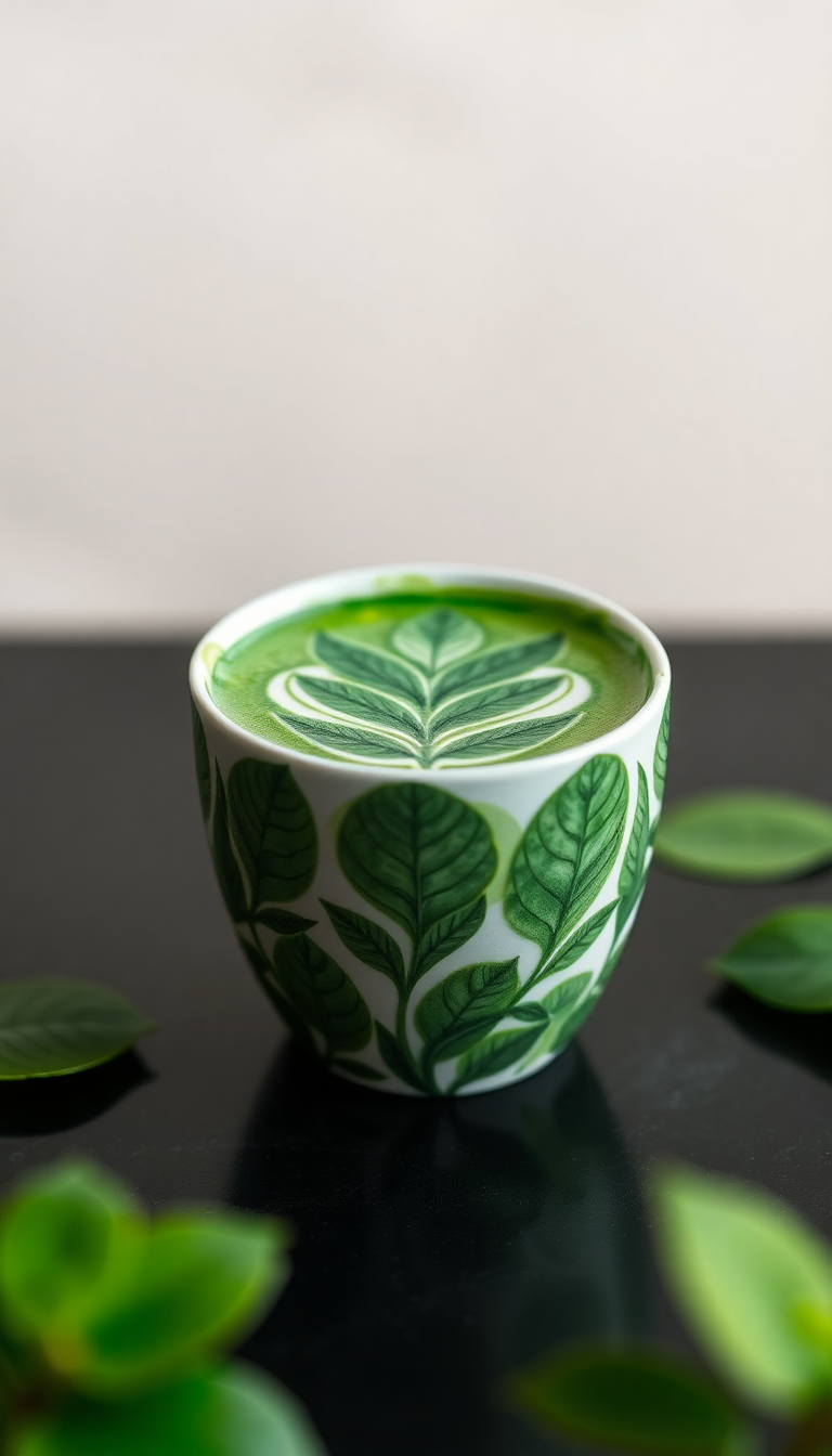Matcha Latte Art Leaf Pattern Photorealistic Wallpaper