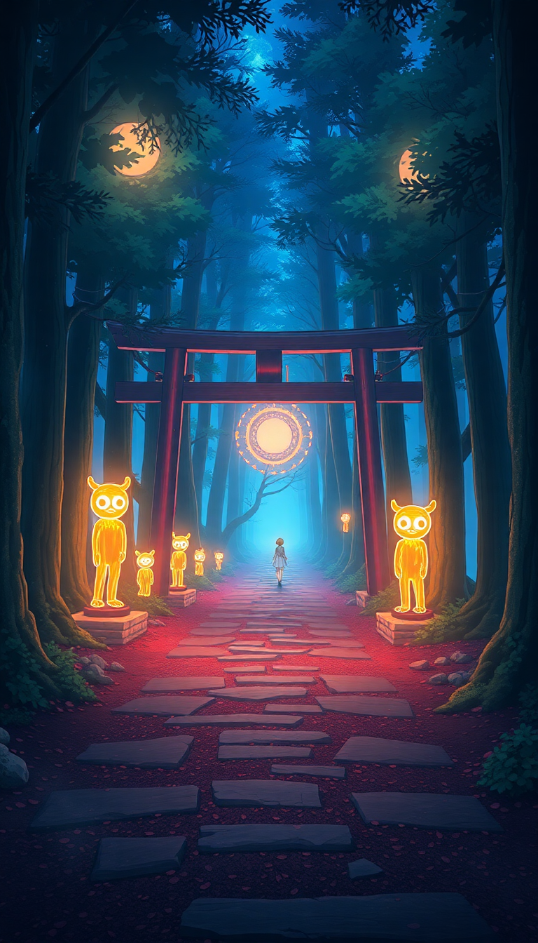 Spirit Forest Glowing Creatures Torii Anime Wallpaper