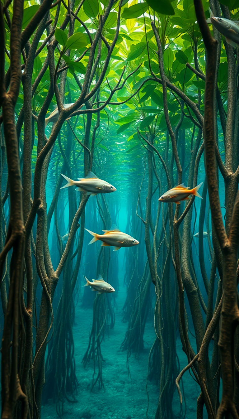 Mangrove Forest Roots Underwater Fish Photorealistic Wallpaper