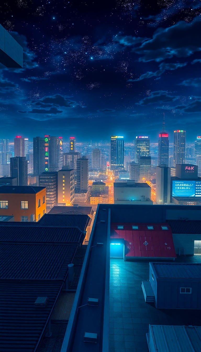 Rooftop At Night City Lights Anime Wallpaper