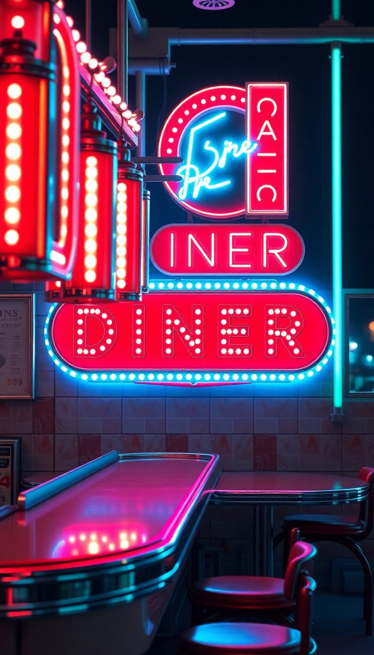 Retro Diner Neon Signs Chrome Photorealistic Wallpaper