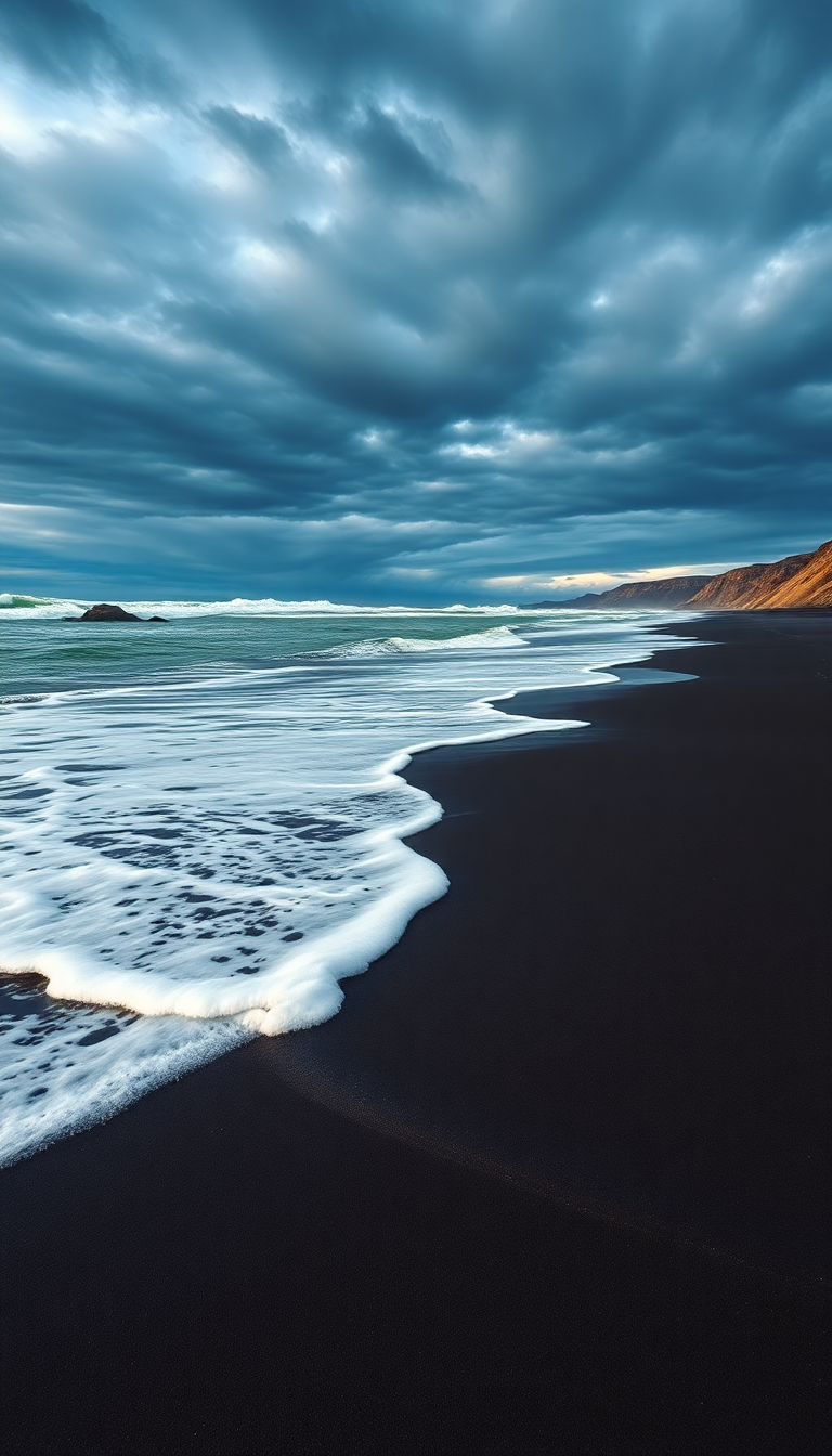 Icelandic Black Sand Beach Waves Photorealistic Wallpaper