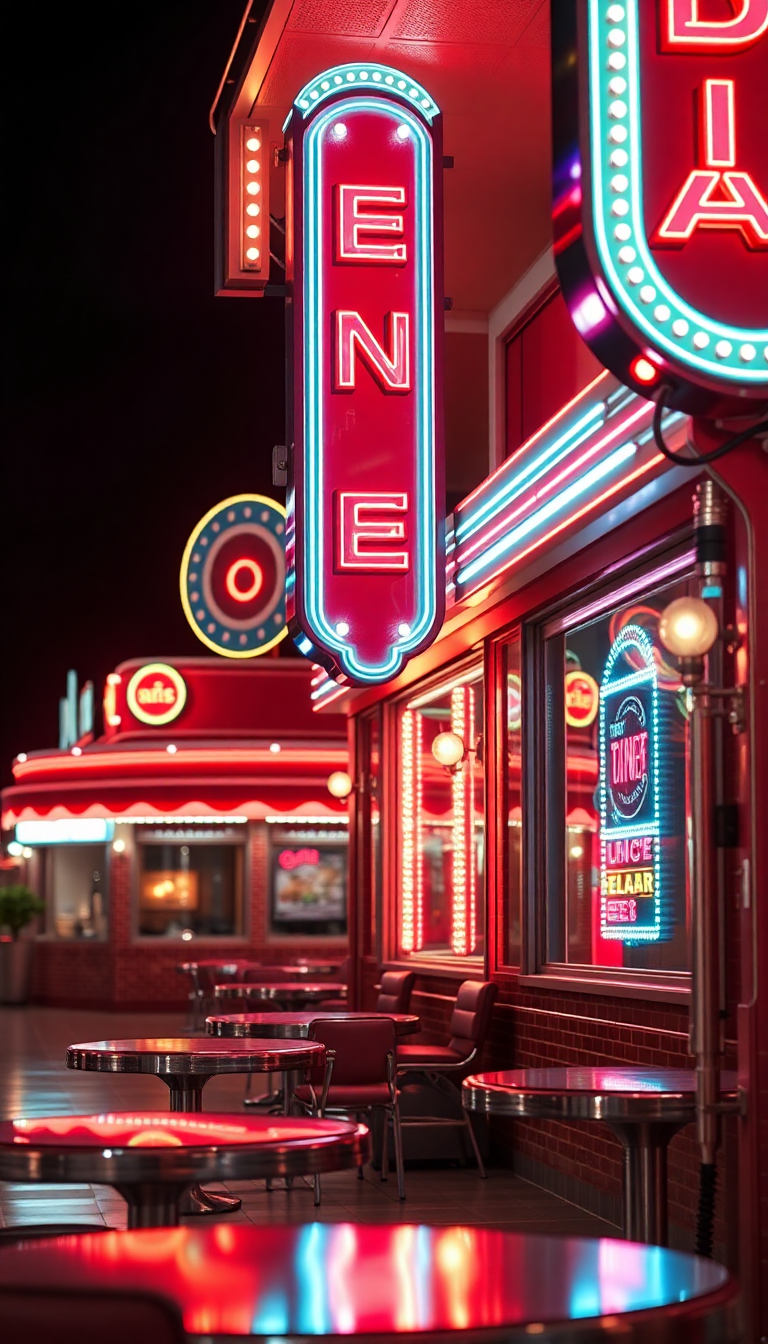 Retro Diner Neon Signs Chrome Photorealistic Wallpaper