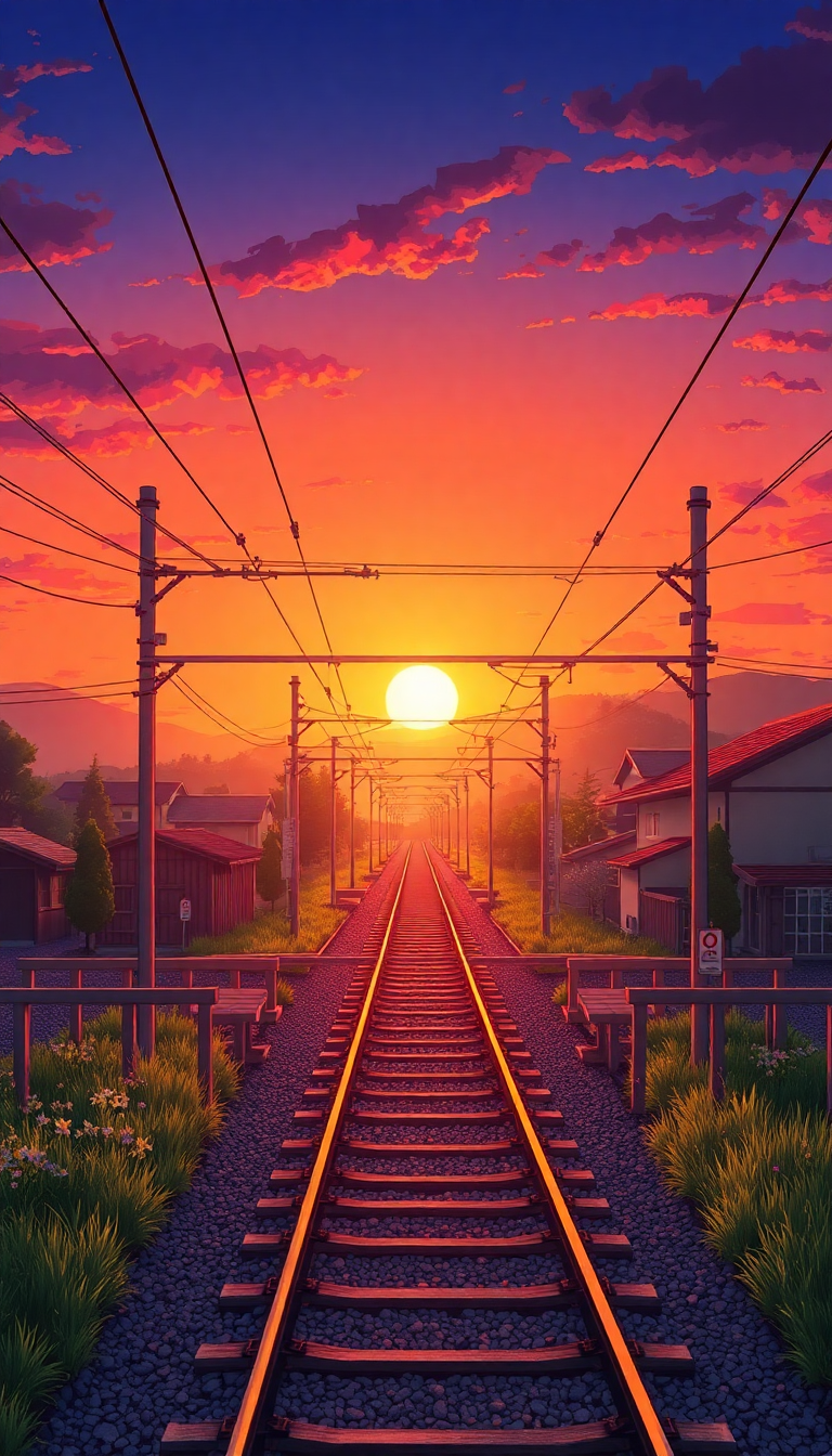 Train Crossing Rural Japan Sunset Anime Wallpaper