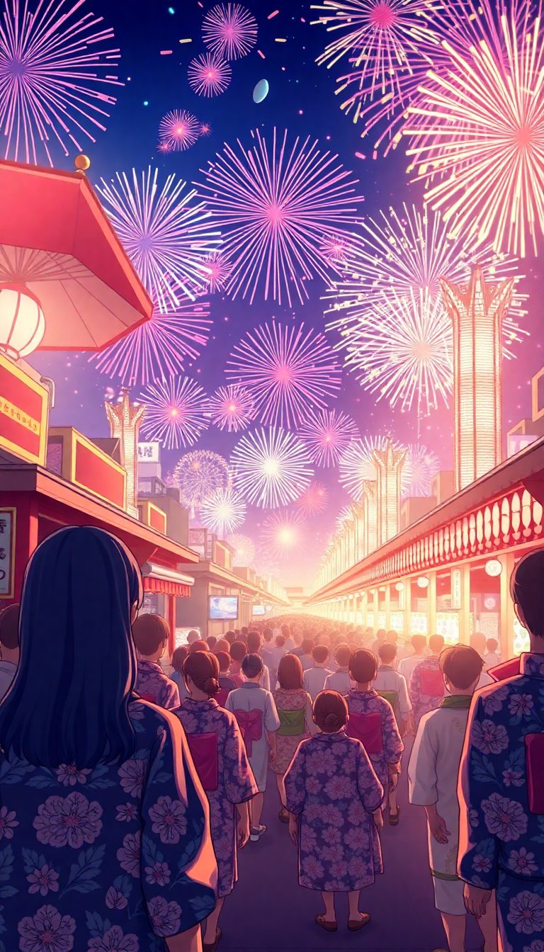 Summer Festival Fireworks Yukata Crowd Anime Wallpaper
