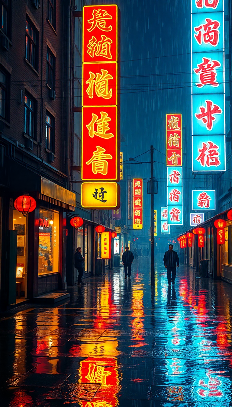 Neon Signs Chinese Characters Rain Digital art Wallpaper