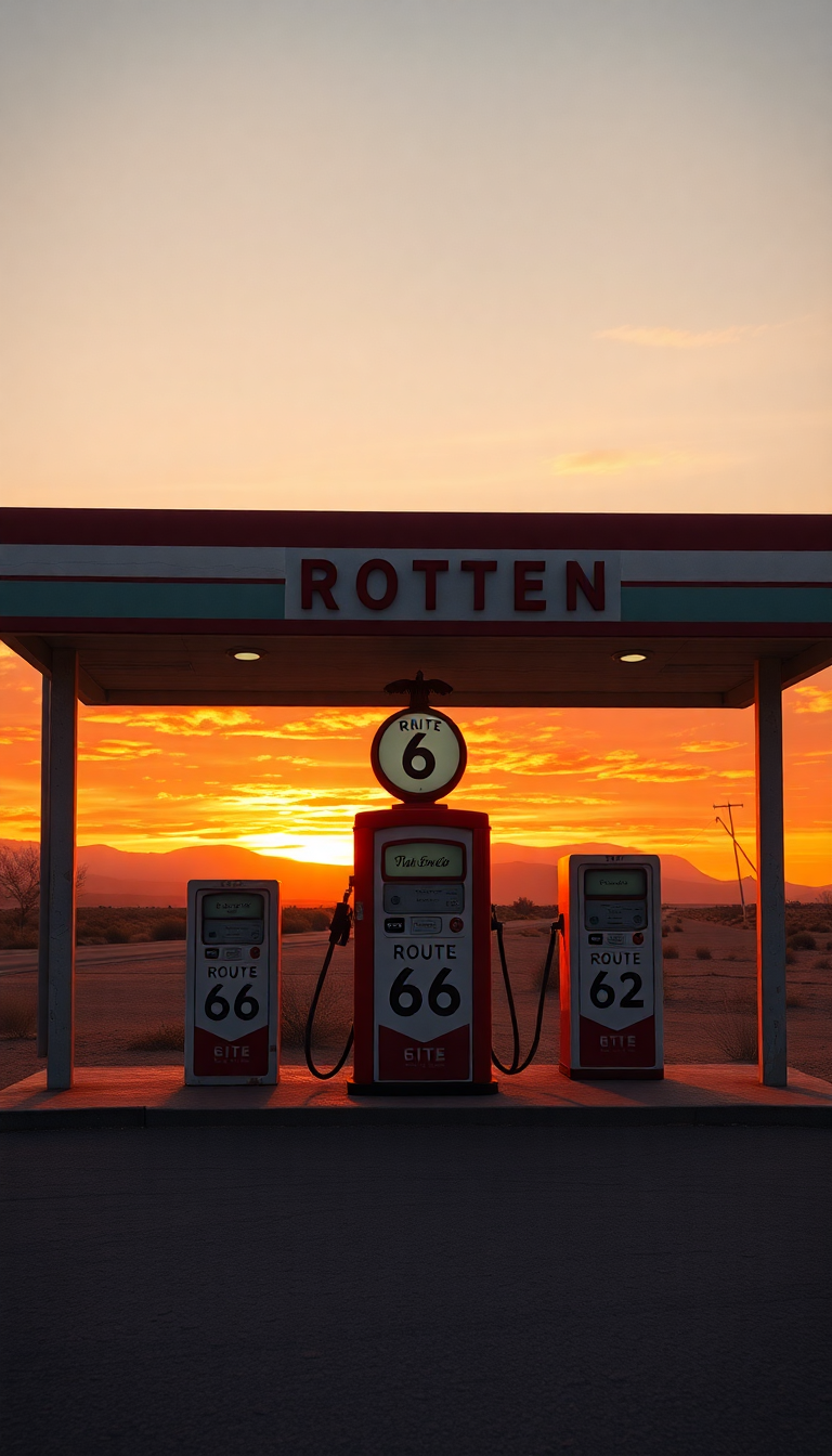 Old Gas Station Desert Route Photorealistic Wallpaper