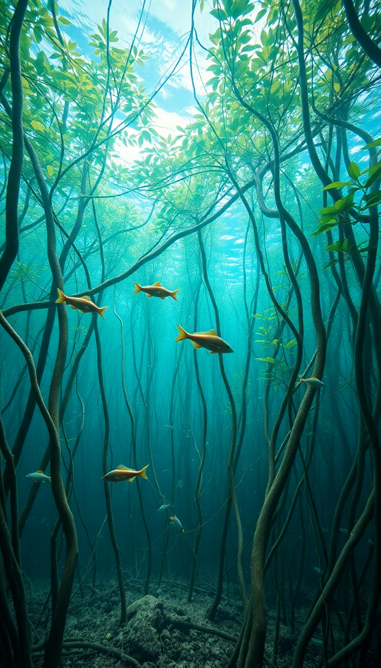 Mangrove Forest Roots Underwater Fish Photorealistic Wallpaper