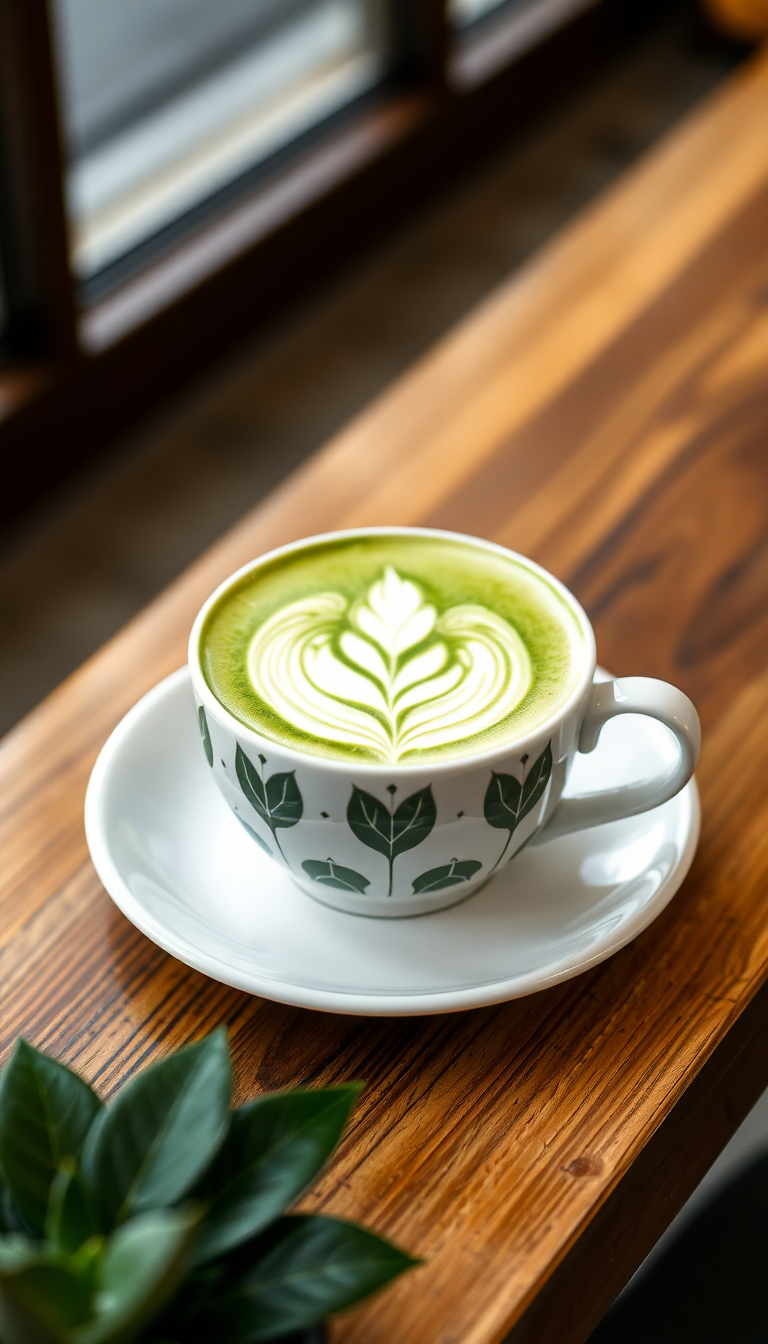 Matcha Latte Art Leaf Pattern Photorealistic Wallpaper