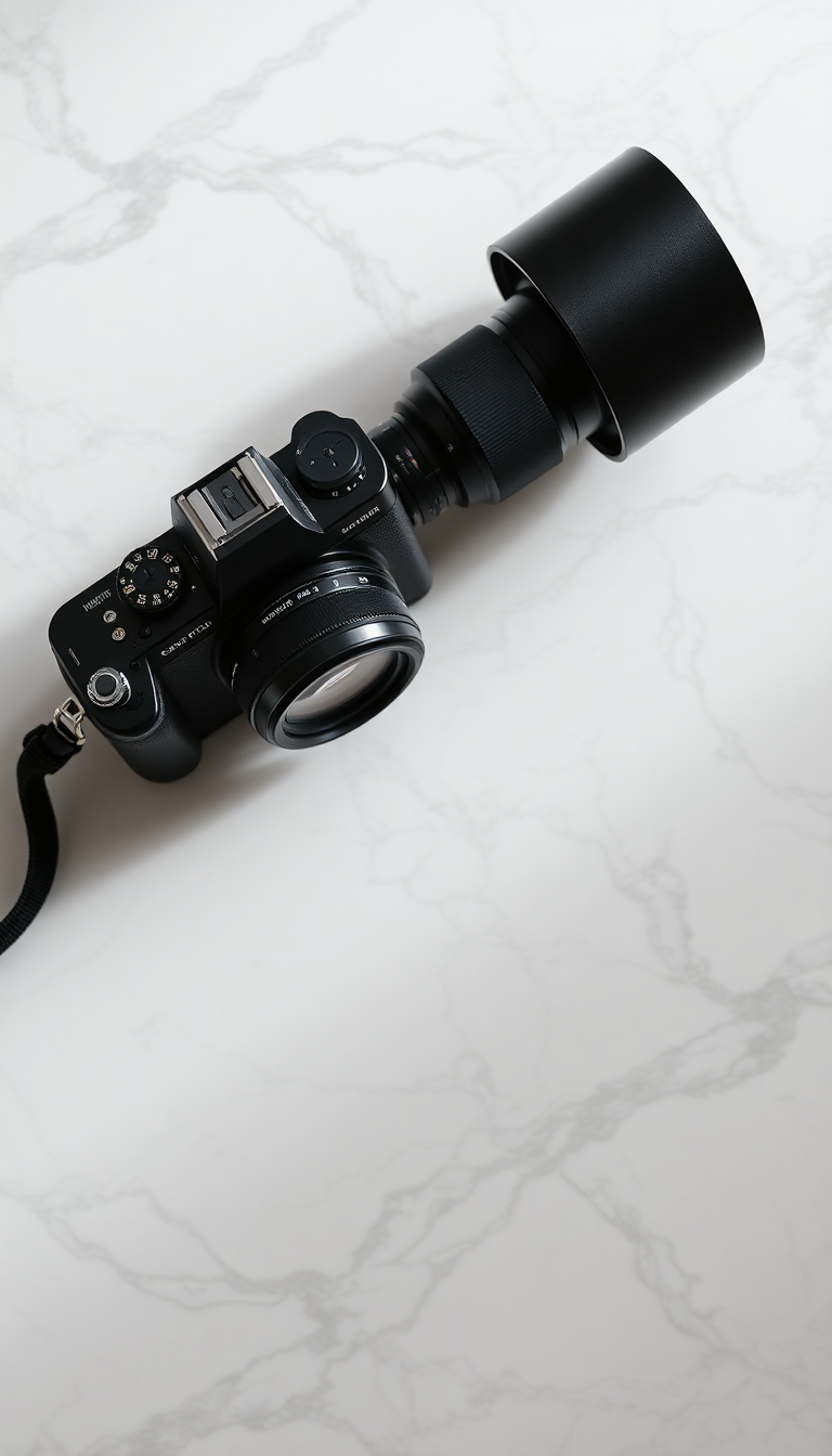 Film Camera On Marble Flatlay Photorealistic Wallpaper