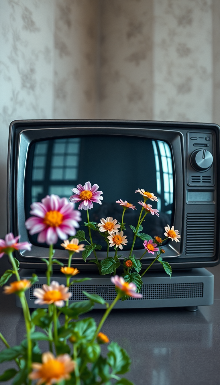 Flowers Growing From Old Television Digital art Wallpaper