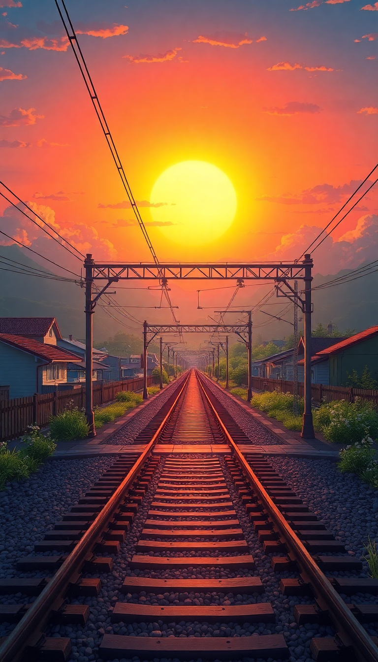 Train Crossing Rural Japan Sunset Anime Wallpaper