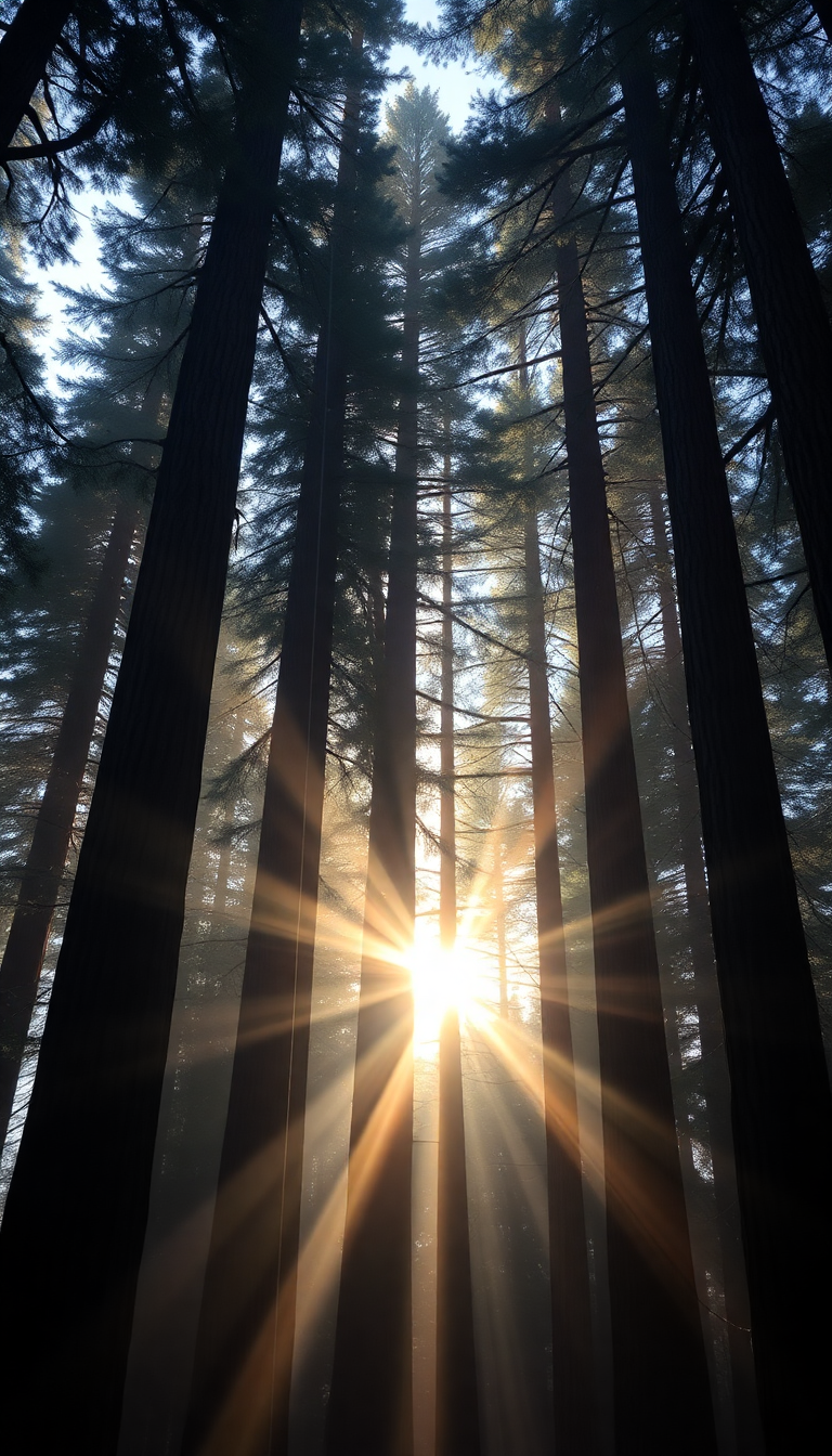 Giant Redwood Trees Morning Fog Photorealistic Wallpaper