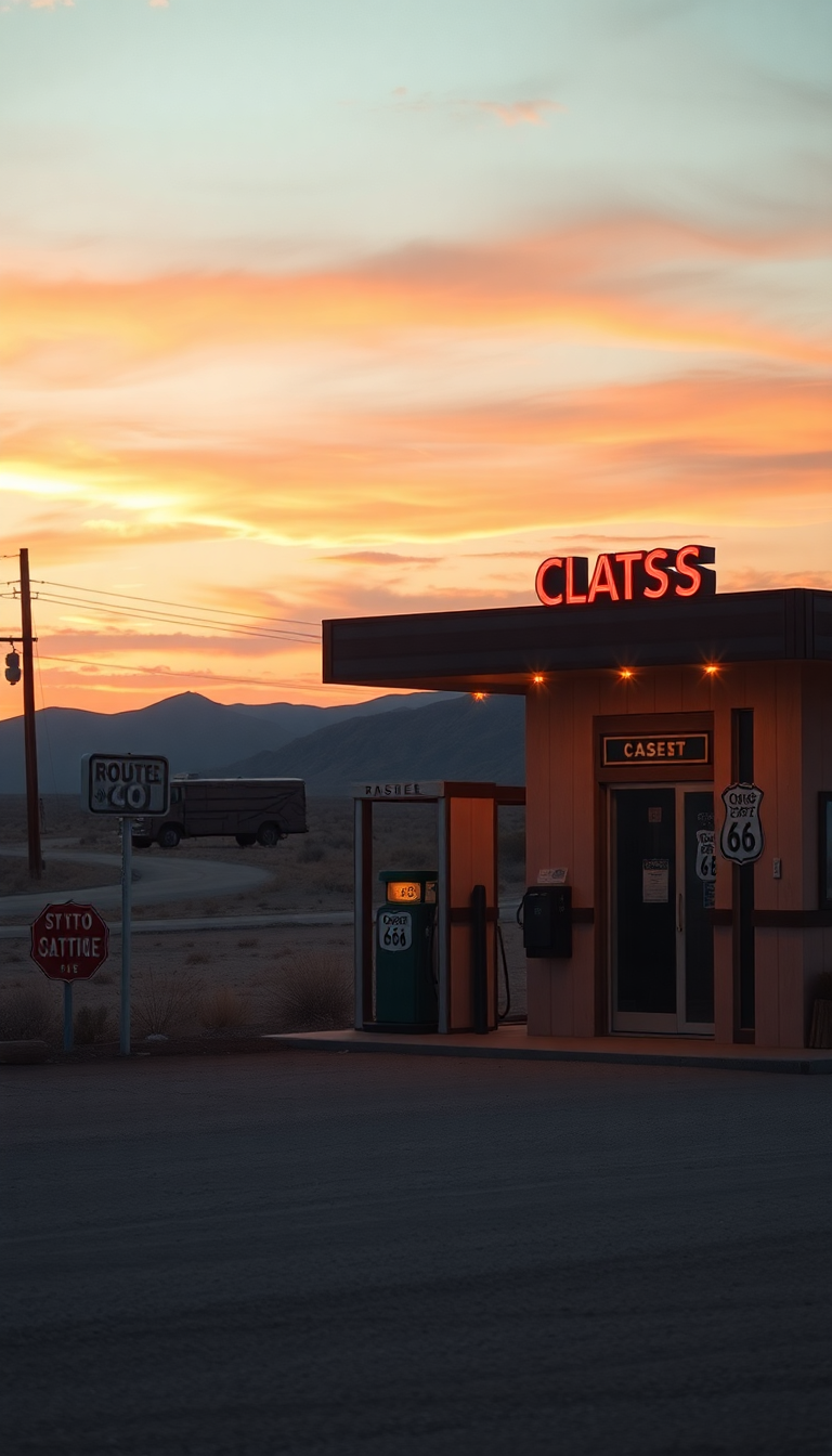 Old Gas Station Desert Route Photorealistic Wallpaper