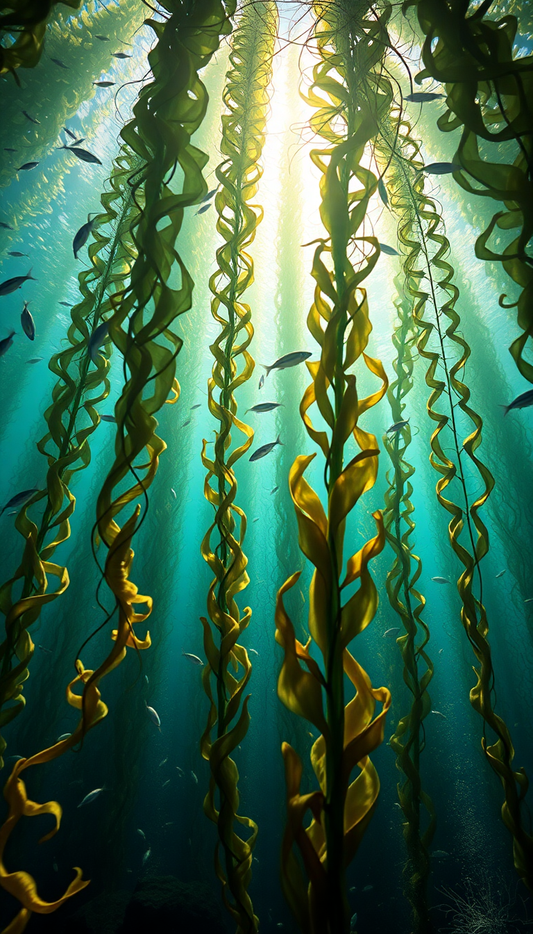Underwater Forest Kelp Swaying Fish Photorealistic Wallpaper